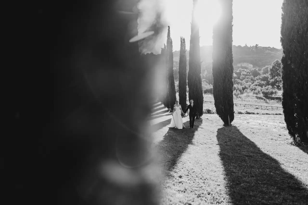Coppia di sposi tra i cipressi in controluce al tramonto, Umbria